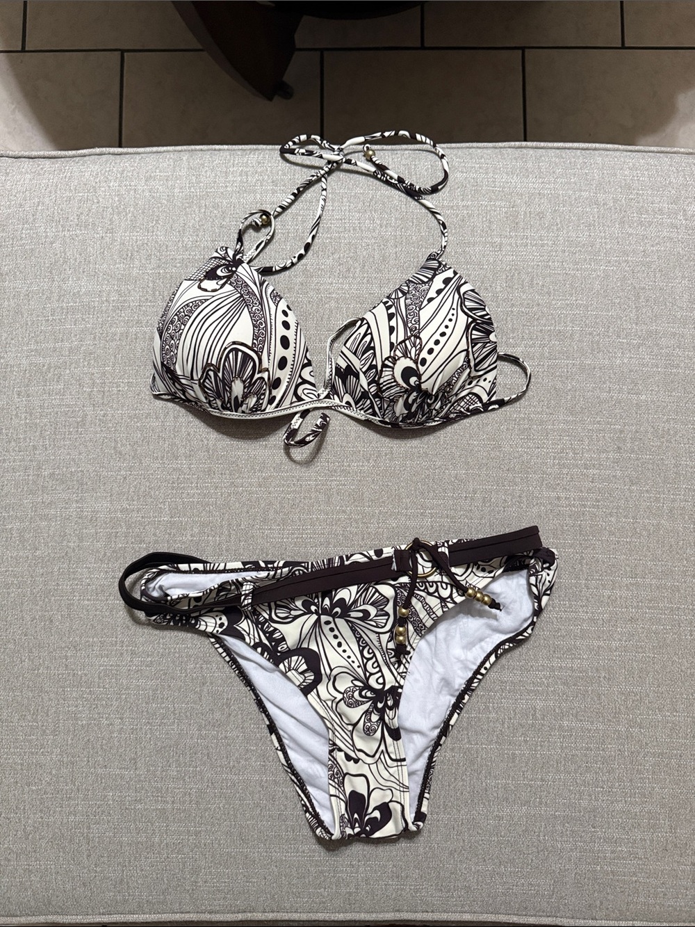 Brown& cream Floral Halter Bikini Set - Women's Swim